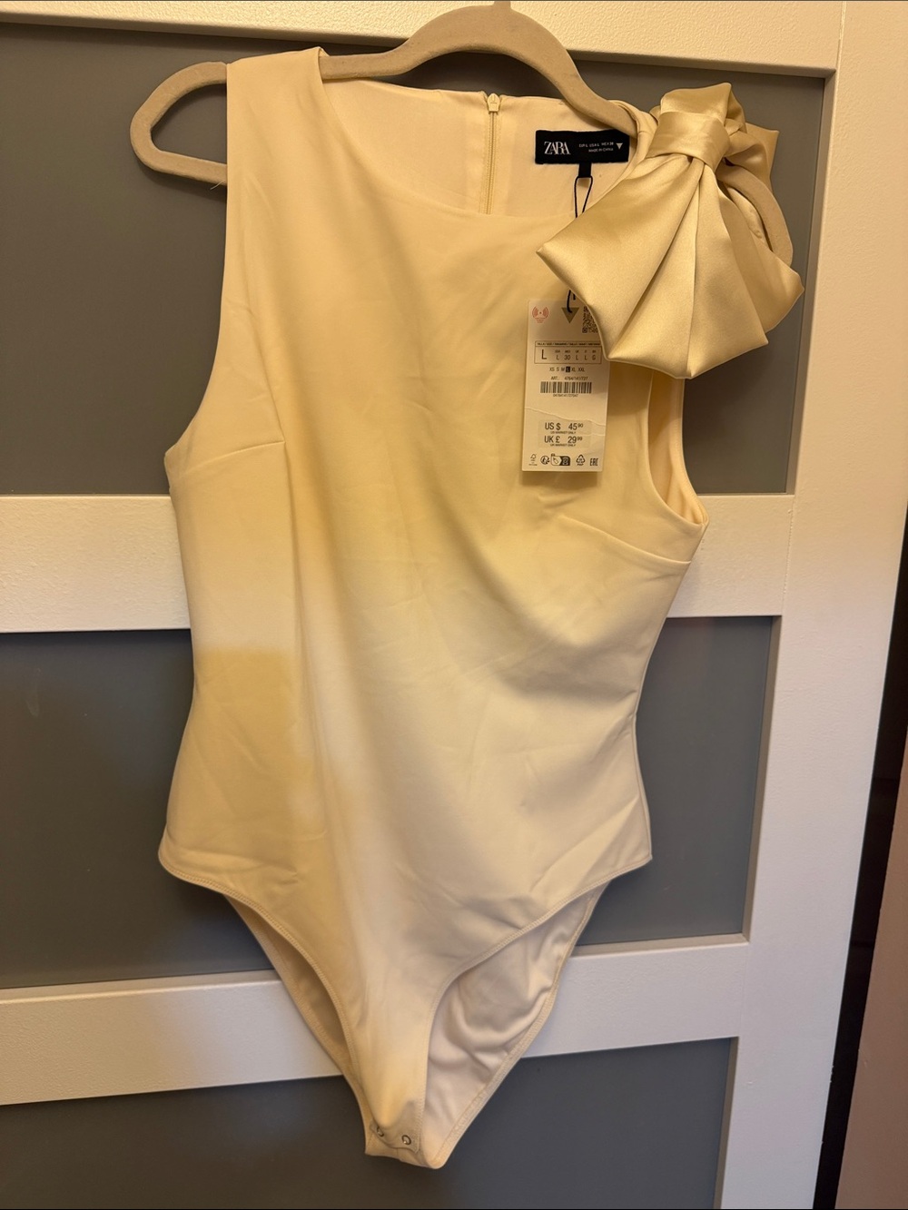Zara Cream Bow-Shoulder Bodysuit with Statement Knot